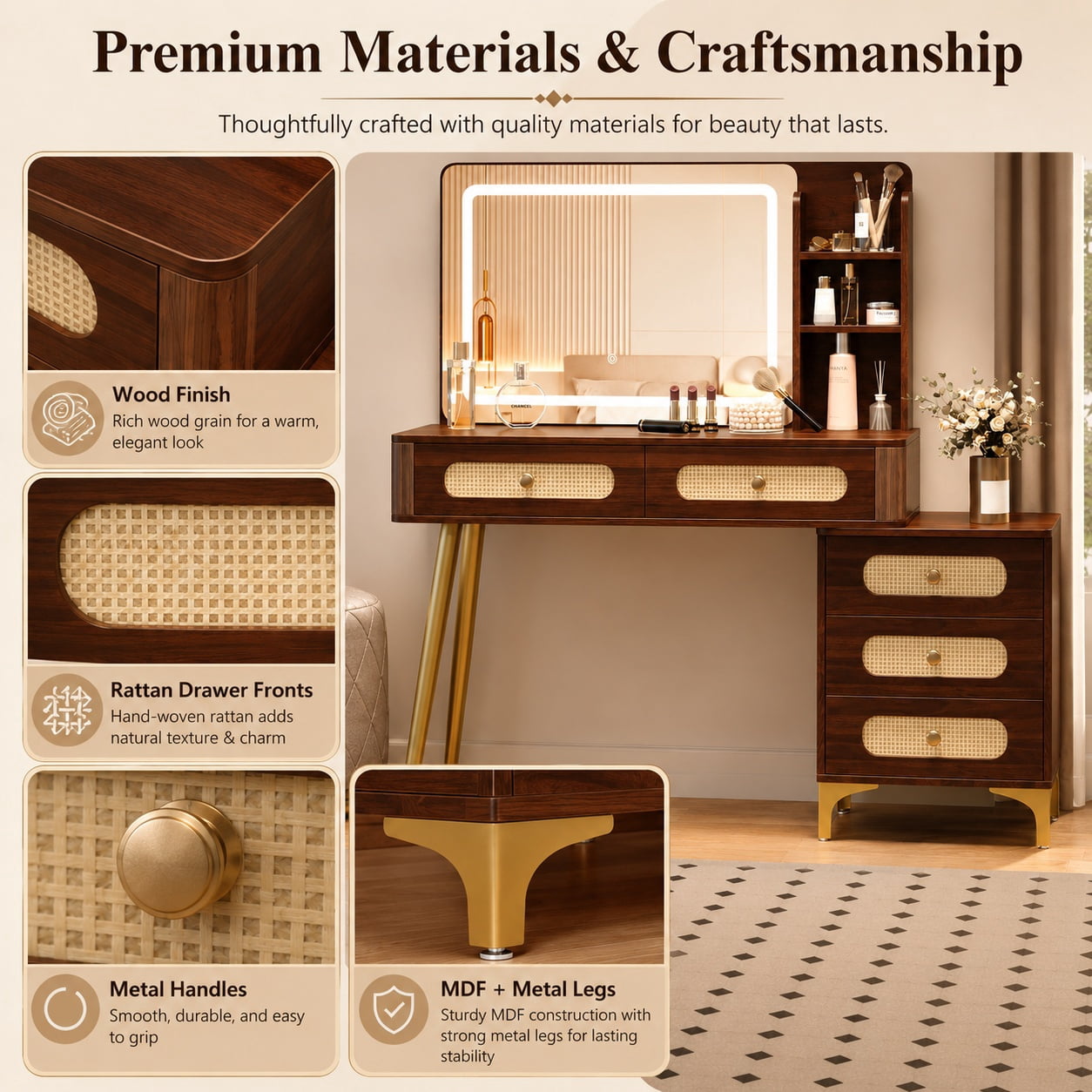 Aukfa 47.2" Rattan Makeup Vanity Desk with Lighted Mirror, Vintage Wood Vanity Table with 5 Drawers & Shelves, Gold Metal Legs, Walnut