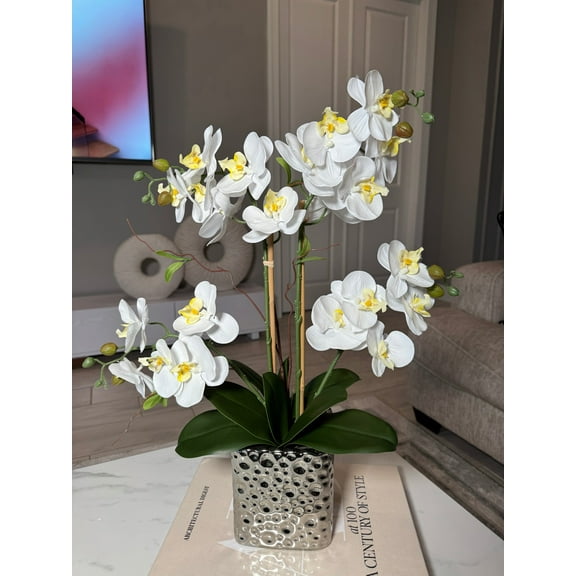 Amelie Real Touch Phalaenopsis Orchid Arrangement Silver Ceramic Vase