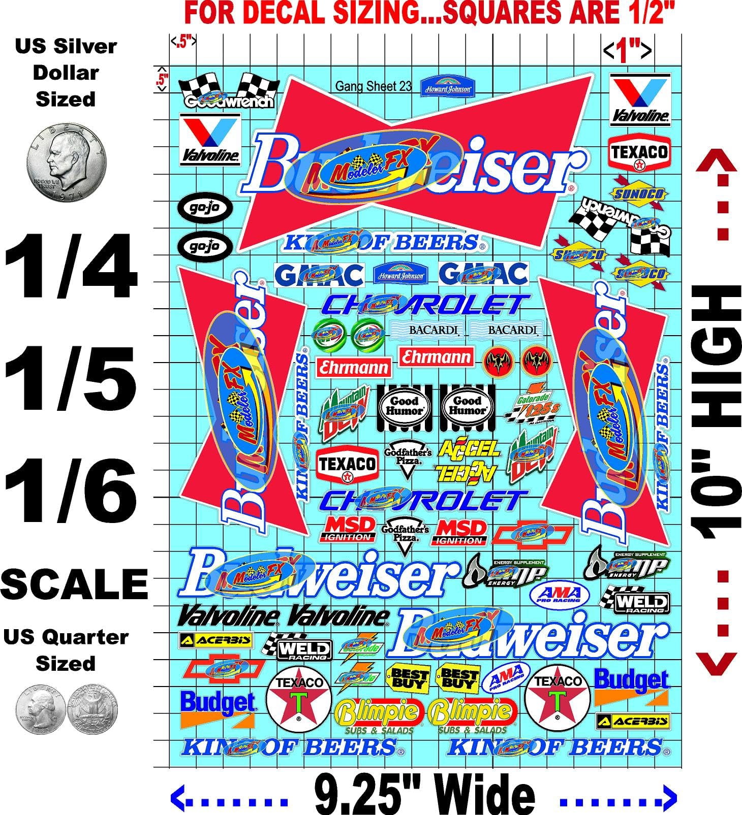 White Vinyl R/C Racing Sponsor Sticker Gang Sheet 23-1/4-1/5 � 1/6th Scale Model Decal Sticker Sheet Radio Control Lexan Body � Die-Cut to Shape - Peel & Stick � Water Slide Beer