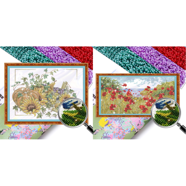 Kit Punto Cruz Con Flores Impresas Cuentas Bordado Parcial 66x49cm