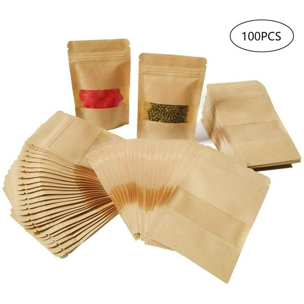 100 bolsas de papel Kraft para alimentos, reutilizables, con cierre hermético, bolsas de almacenamiento de alimentos para envasar frutas secas, café, té, alimentos y aperitivos o semillas, etc. oso de fresa Juguete