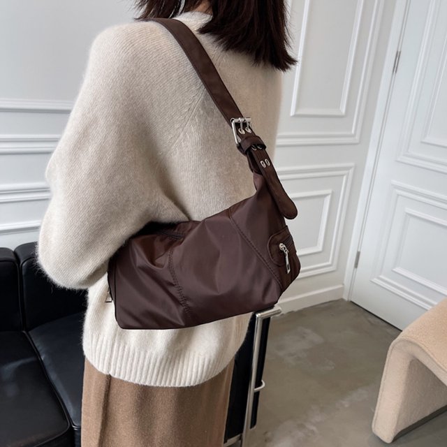 Bolso de hombro de color puro de nailon retro para mujer, bolsos para axilas, bolsos de mano (café) Tmvgtek Para estrenar