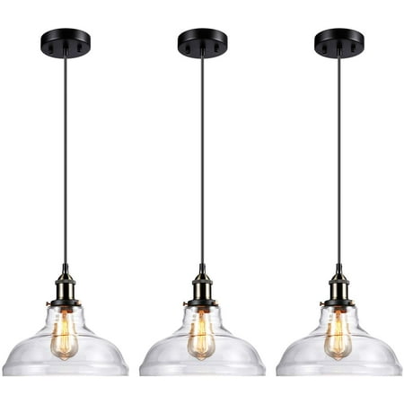 LEONLITE 3 Pack Industrial Edison Vintage Style Pendant Light Fixture, UL Listed, E26 Base, Clear Class Hanging Lampshade, Adjustable Height, for Kitchen, Dining Room, Restaurant, Cafe