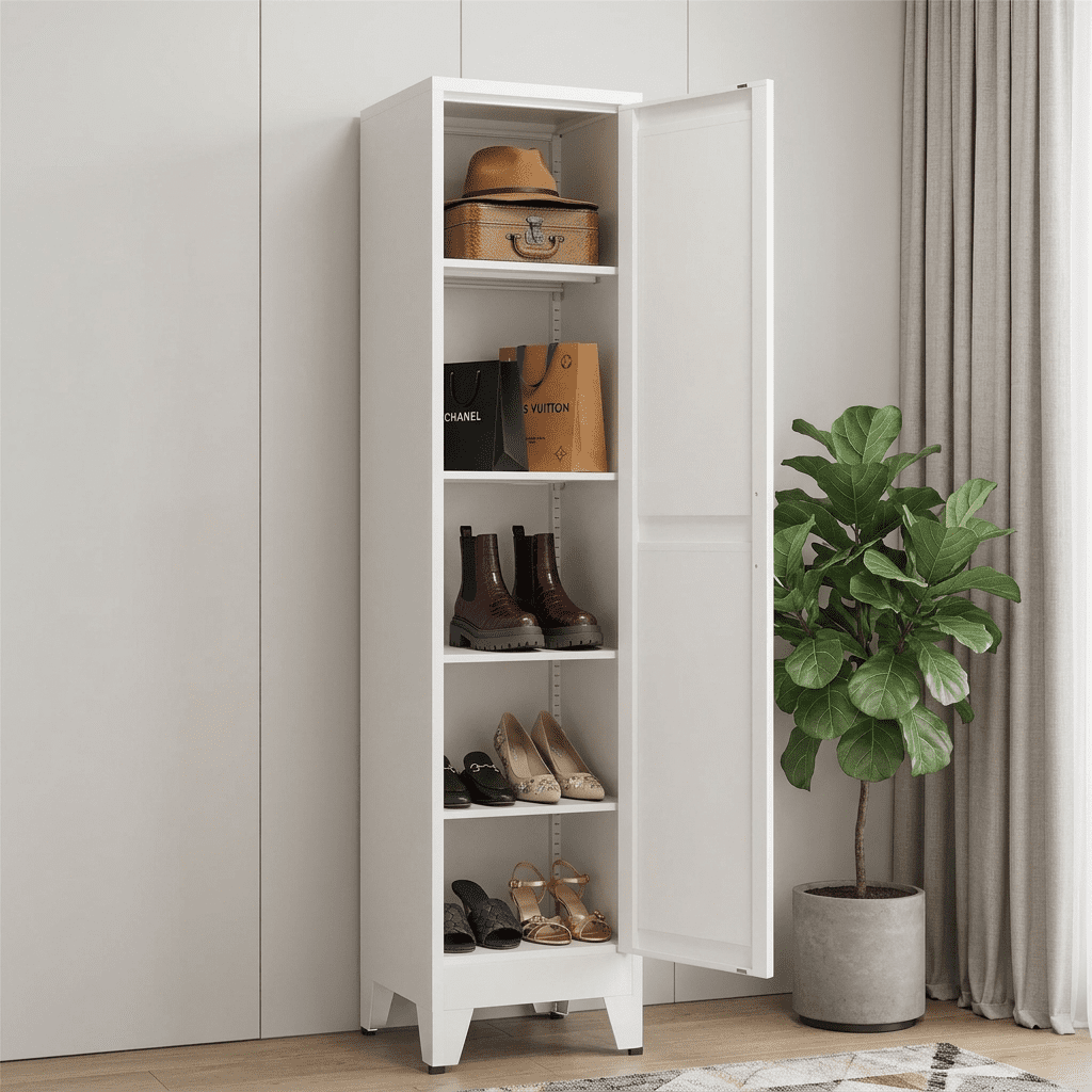 Tall Storage Cabinet with Door and 4 Adjustable Shelves Freestanding Bathroom Linen Floor Cabinet Narrow Pantry Organizer for Laundry Room Kitchen White