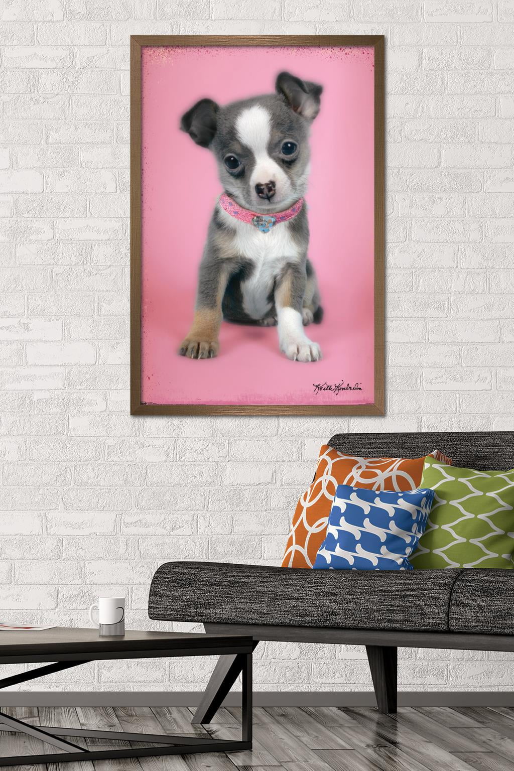 Keith Kimberlin - Puppy on Pink Background Wall Poster, 22.375" x 34", Framed