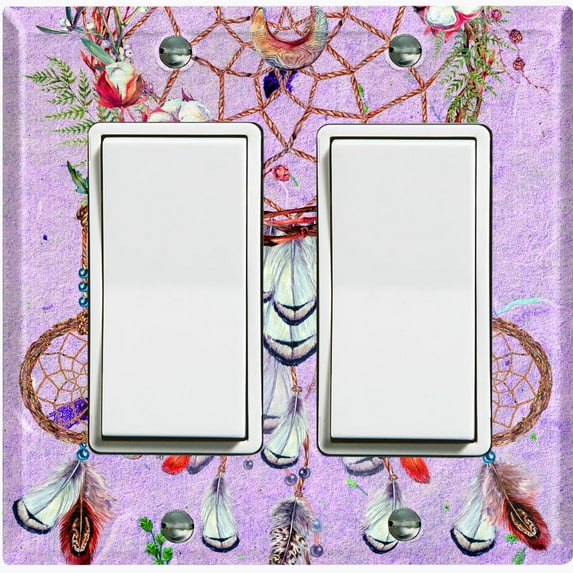 Metal Light Switch Plate Cover Beaded Feather Dreamcatcher Pink DRM006