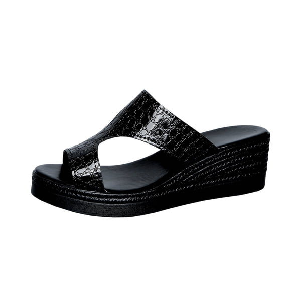 Black Ladies Wedge Heel Round-Toe Sandals For Spring Summer Casual Plus-Size Comfortable Pu Footwear