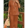 thumbnail image 3 of Conjunto De Dos Piezas De Talla Grande Para Outfits Casuales, Conjunto De Dos Piezas De Blusa De Manga Corta Sólida Con Cuello En V Y Pantalones Anchos De Pierna Ancha Para Mujeres De Talla Grande, 3 of 4