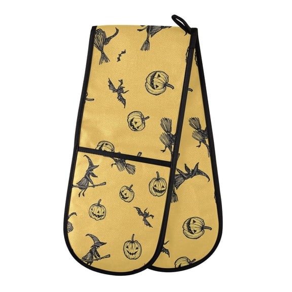 35" x7" Double Oven Mitt Heat Resistant Oven Gloves Withstands Up to 200°C for Kitchen Baking & BBQ Hand-drawn Halloween Pattern