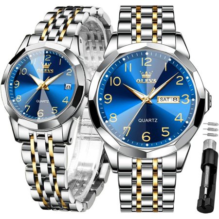 Valentines Couple Pair Quartz Watches Luminous Calendar Date Business Dress Luxury His and Hers Wristwatch Waterproof Casual Stainless Steel Lovers Wedding Romantic Watches