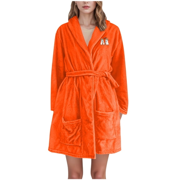 Riecok Women Robes Plush Halloween Flannel Cozy Soft Warm Bathrobe with Front Pockets and Tie Closure Casual Nightgown Orange M