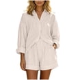 thumbnail image 2 of Cagogo Women's 2 Piece Striped Casual Set V Neck Long Sleeve Top Elastic Waisted Shorts Summer Outfits Lounge Travel Clothes Matching Two Piece, Beige L, 2 of 5