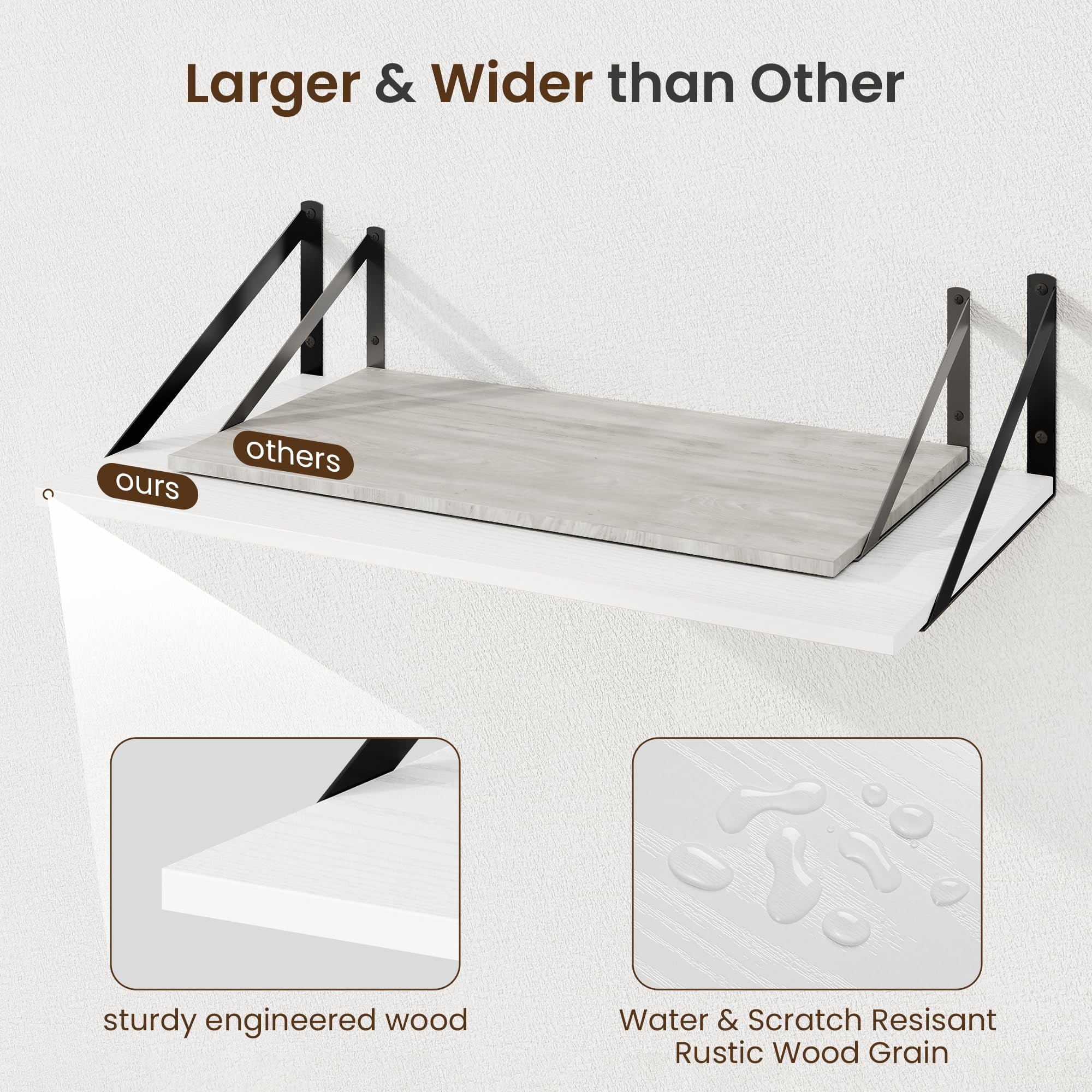 Set of 2 White Floating Shelves, 16x12 Inch Large Wall Shelf with Sturdy Metal Brackets for Living Room, Bedroom, Bathroom & Kitchen