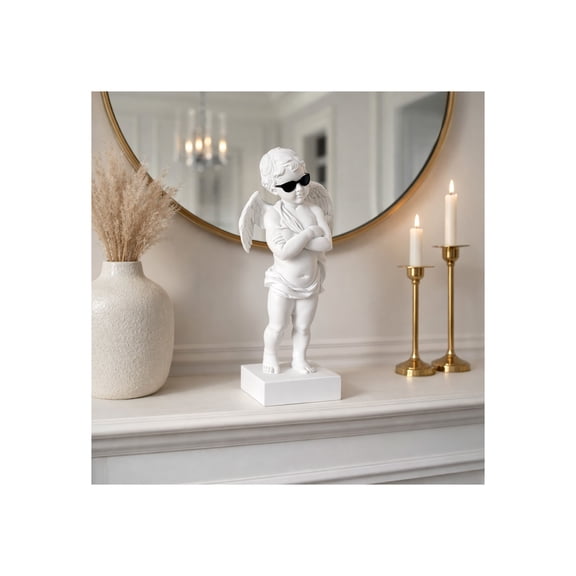Contemporary Angel with Sunglass Figurine for Home Decor - Resin Ornaments for Bathroom, Office, Room &Living Room Accent - Charming Sculpture for Shelf or Coffee Table Display - 11", White, & Black