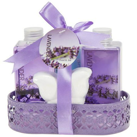 Bath, Body, and Spa Gift Set Basket for Women, in Lavender Fragrance, includes a Shower Gel, Bubble Bath, Body Lotion, and a Bath Bomb Fizzer, with Shea Butter and Vitamin E to Nourish