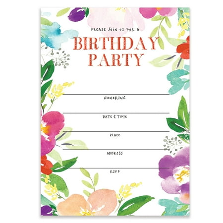 Colorful Floral Birthday Party Invitations with Envelopes ( Pack of 25 ) Large 5x7
