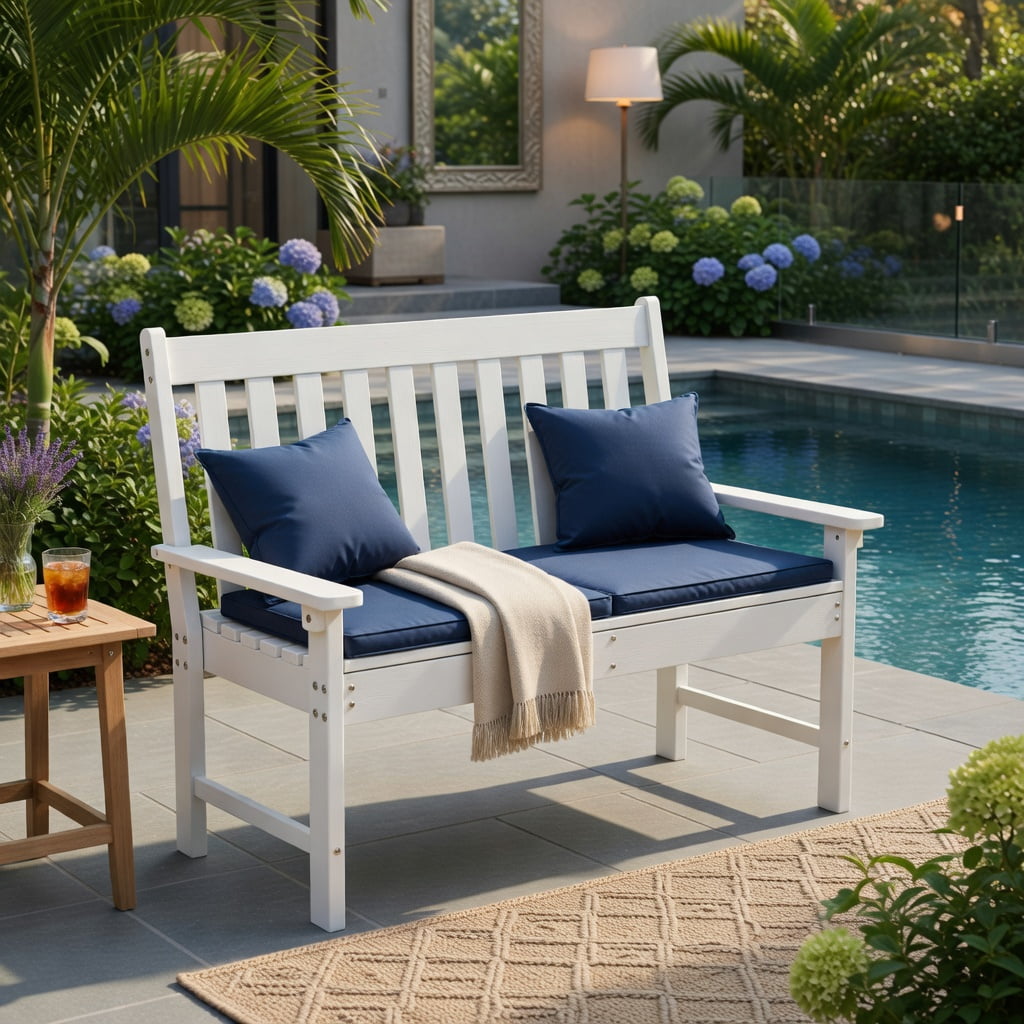 Hommoo 52" All-Weather HDPE Outdoor Bench, Weatherproof, Eco-Friendly, Heavy-Duty Patio Bench with Backrest & Armrests, White