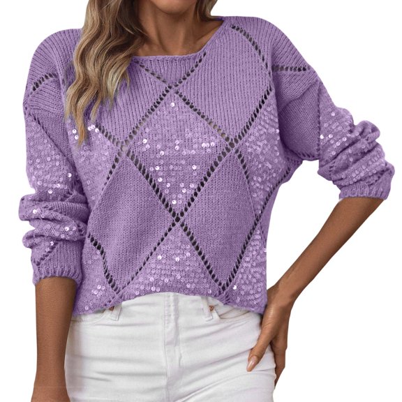 Sweater for Women Hollow Glitter Sequin Knitted Long Sleeve Crewneck Trendy Outfits Purple
