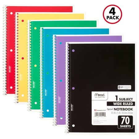 Mead Spiral Notebook, 1 Subject, Wide Ruled, 10.5" x 7.5", 70 Sheets, 4 Pack, Assorted