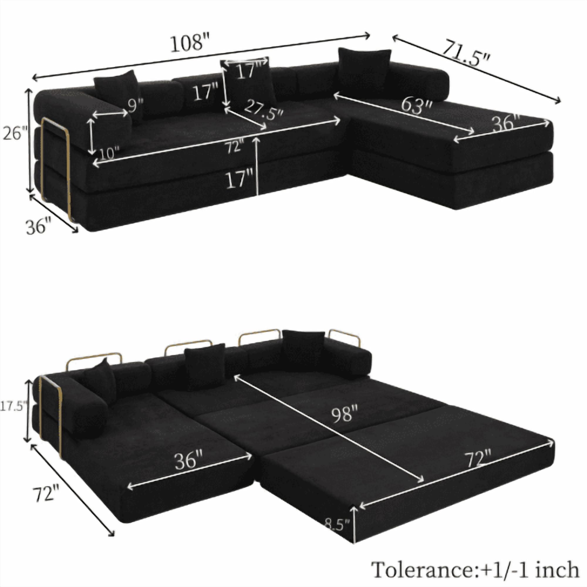108" Modular Sectional Sofa with L-Shape Chaise, Convertible Sleeper Sofa Bed, Corduroy Cloud Couch with Deep Seat, No Assembly Required, Removable Backrest, Black