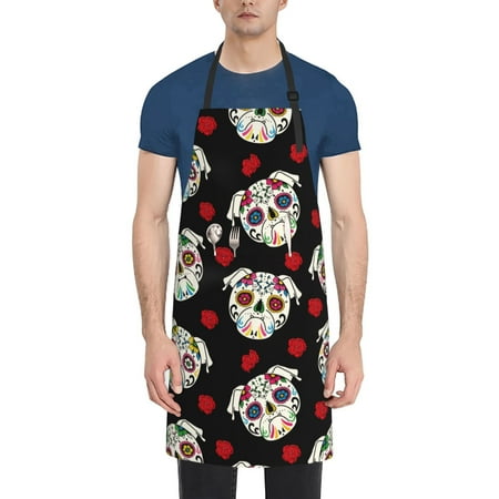 

Pofeuu PUG Print Waterproof Apron with Pockets Adjustable Cooking Aprons Kitchen Bib for Baking Household Cleaning