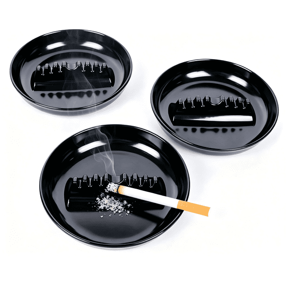 3Pack Premium Plastic Ashtray, Trash Can, Round Black Large Size, for Indoor Outdoor Home Office Patio Restaurant Bar Hotel Use