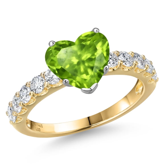 Gem Stone King 14K Two Tone Gold Green Peridot and Lab Grown Diamond Engagement Ring for Women | 2.25 Cttw | Heart Shape 8MM | Gemstone August Birthstone | Size 6