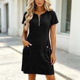 thumbnail image 2 of Summer Dress for Women 100% Cotton Solid Color Round Neck Pocket Zipper Collar Short Sleeve Mini Dress, 2 of 9