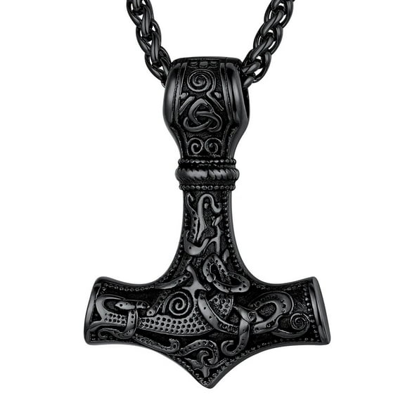 FaithHeart Thors Hammer Celtic Necklace for Men Black Stainless Steel Norse Mythology Amulet Nordic Mjolnir Pendant Viking Jewelry Gift for Friends Grandson Birthday
