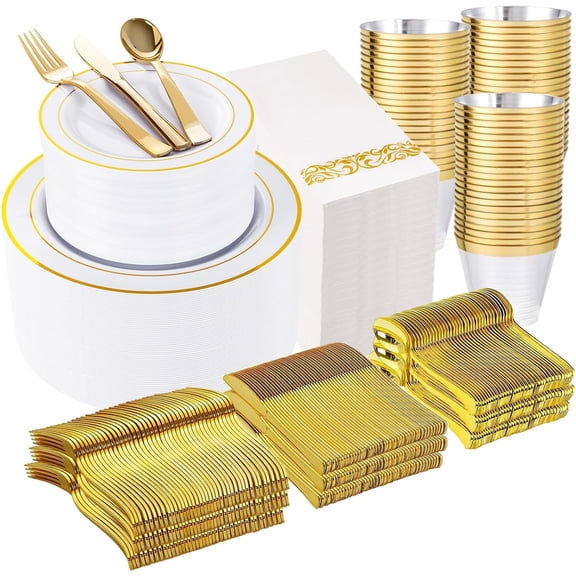 700 Pieces Gold Plastic Dinnerware Set for 100 Guests - Includes Plates, Cups, Napkins, and Disposable Cutlery - Elegant White & Gold Design, Perfect for Parties and Events
