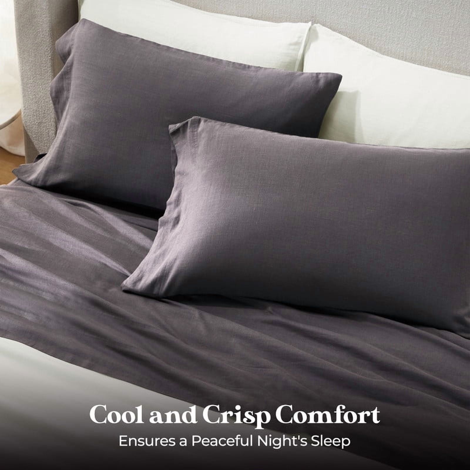 Superior Chloe 100% Cotton Percale Linen Texture Bed Sheet Set, Queen, Washed Plum