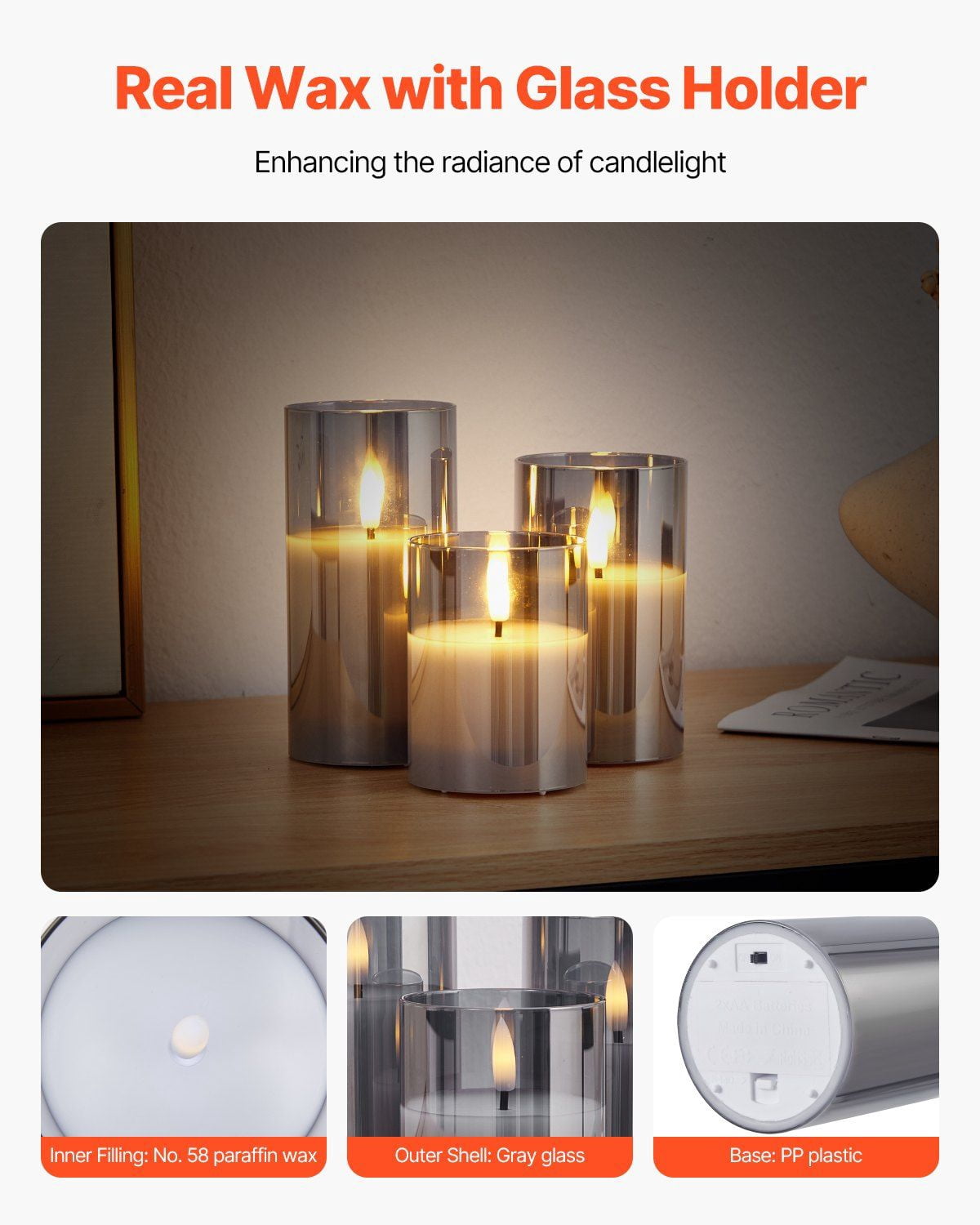 3 Pack Battery Operated Flameless LED Candles with Remote Control, 500-Hour Battery Life, Flickering Flame Effect, Safe for Kids and Pets, Gray Glass Wax Candles for Home Decor