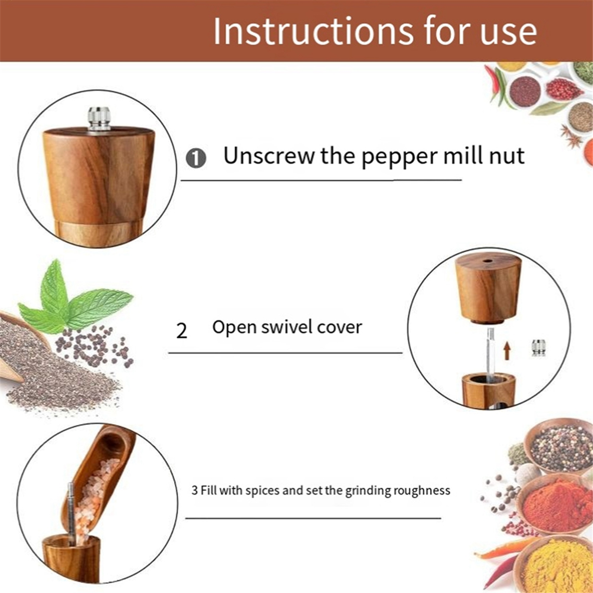 Pepper Mill Wood Salt and Pepper Mill Manual Salt Mill Spice Mill with Adjustable Ceramic Grinder for Pepper Salt Spices