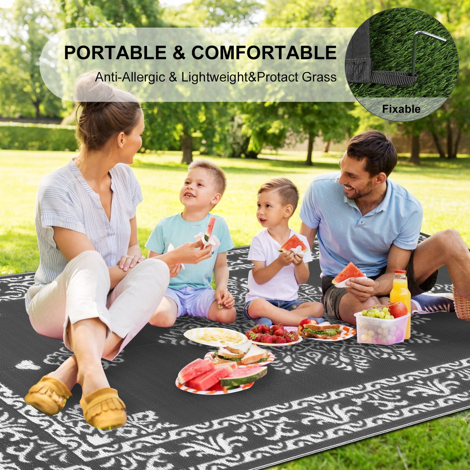 Yamaziot 8'x10' Outdoor Rugs Patio Rug Medallion Reversible RV Mats, Waterproof Camping Plastic Straw Outdoor Rug for Patio, Porch, Balcony, Beach, Deck, Backyard, Garden, Gray