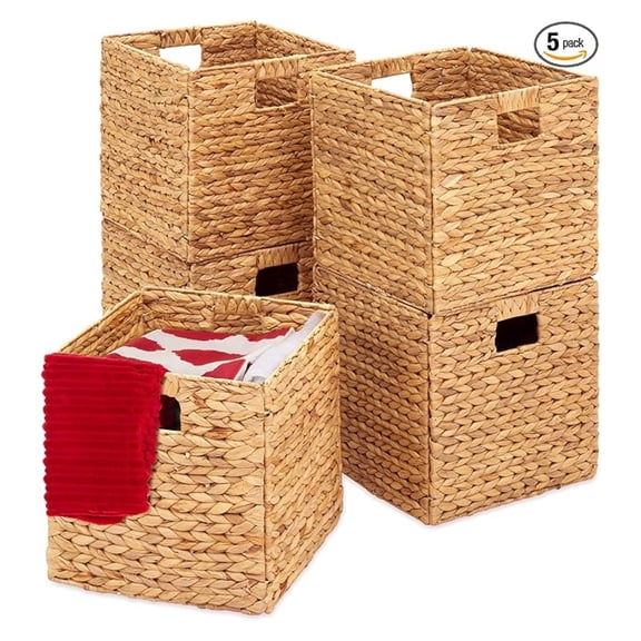 SONGMY 10.5x10.5in Pack of 5 Cube Storage Baskets, Water Hyacinth Multipurpose Collapsible Organizers, Handwoven Laundry Totes for Laundry, Living Room, Kids Room & Nursery - Natural