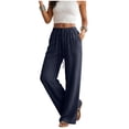 thumbnail image 4 of NIEWTR Linen Wide Leg Pants Woman High Waisted Pull On Button Drawstring Baggy Casual Summer Palazzo Pants with Pockets（Navy,L), 4 of 9