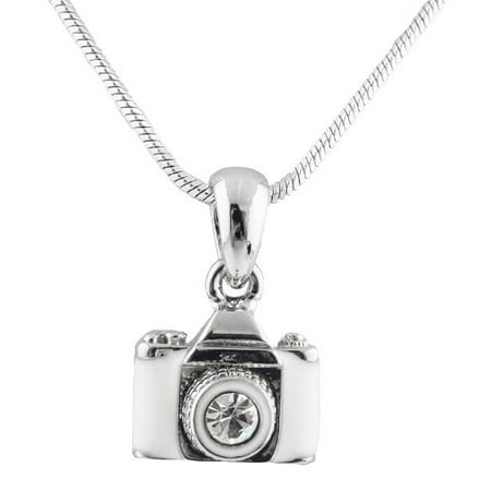 Metallic Silvertone with Glossy White & Clear Camera with Center Stone Lens Pendant with a 16 Inch Snake Franco Chain Necklace