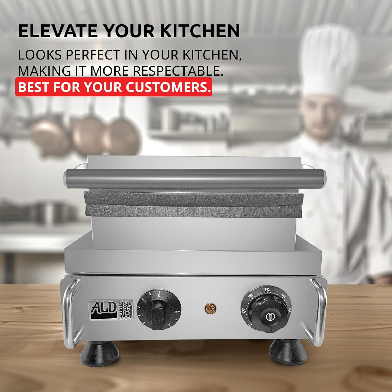 ALDKitchen Belgian Waffle Maker Thick | Press Type | Professional Use | Stainless Steel | Nonstick | 110V (6 Waffle on a Stick)