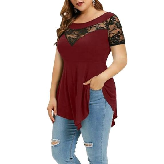 Mytrendy Women Plus Size Sheer Lace Stitching Short Sleeve Round Neck Pleated Irregular Hem Top Blouse L-5XL