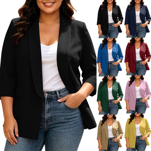 Cekizud Blazers for Women Plus Size Open Front Suit Jacket Lapel Pocket 3/4 Sleeve Padded Shoulder Lined,Sizes L-5XL