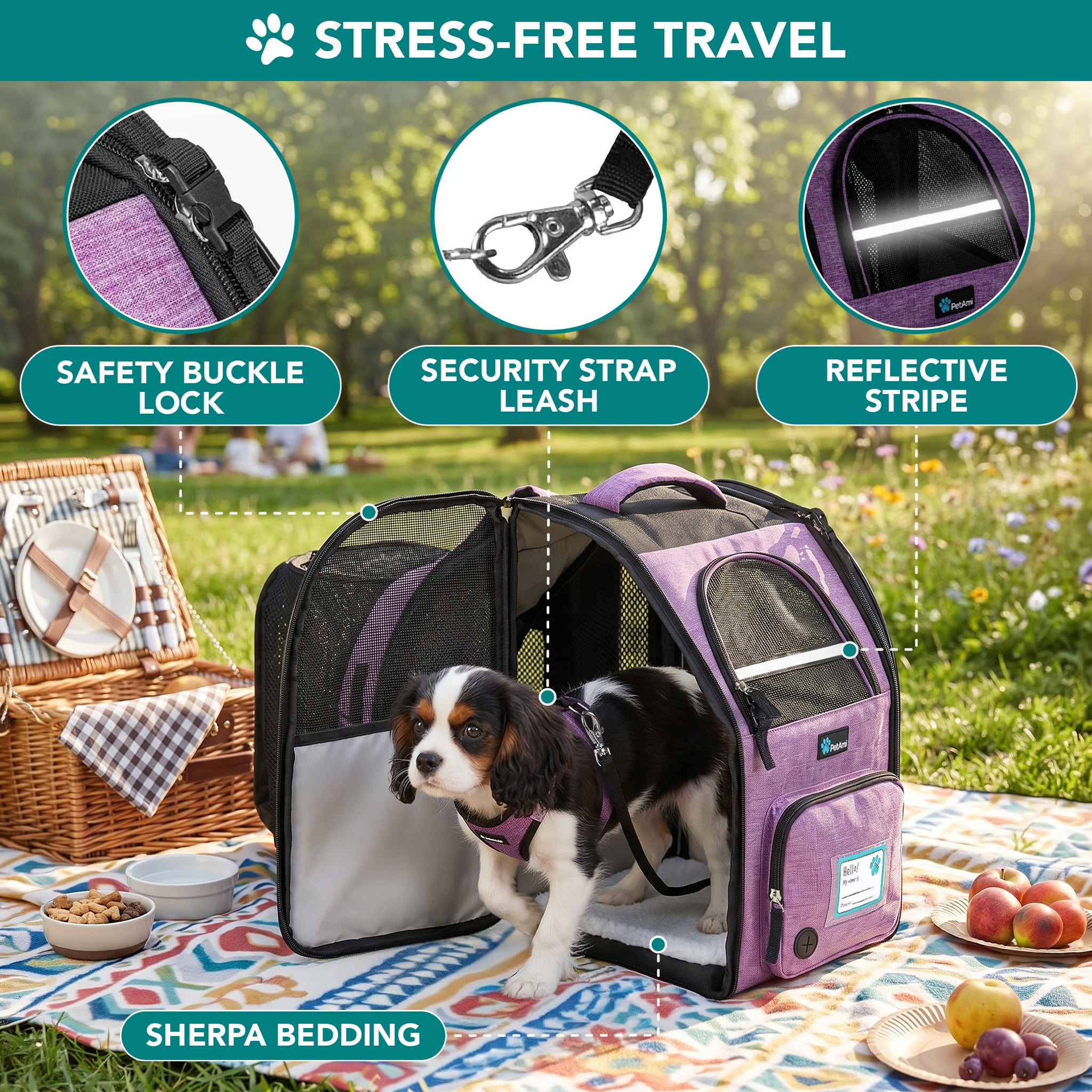 PetAmi Expandable Dog Backpack Carrier for Cats & Pets, Breathable Cat Carrier Backpack with Top Window & Multi-Entry, Ventilated Foldable Travel Carrier for Small Medium Pets up to 18 lbs, Purple