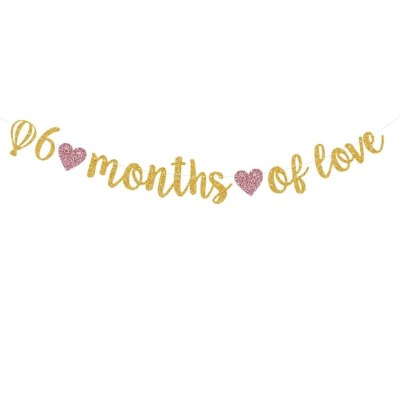 6 Months of Love Banner Gold Glitter,Happy 6 Month, 1/2 Birthday Baby Shower Party Decorations， Half Birthday Decorations Backdrop for Baby Shower.(Pre-Strung)