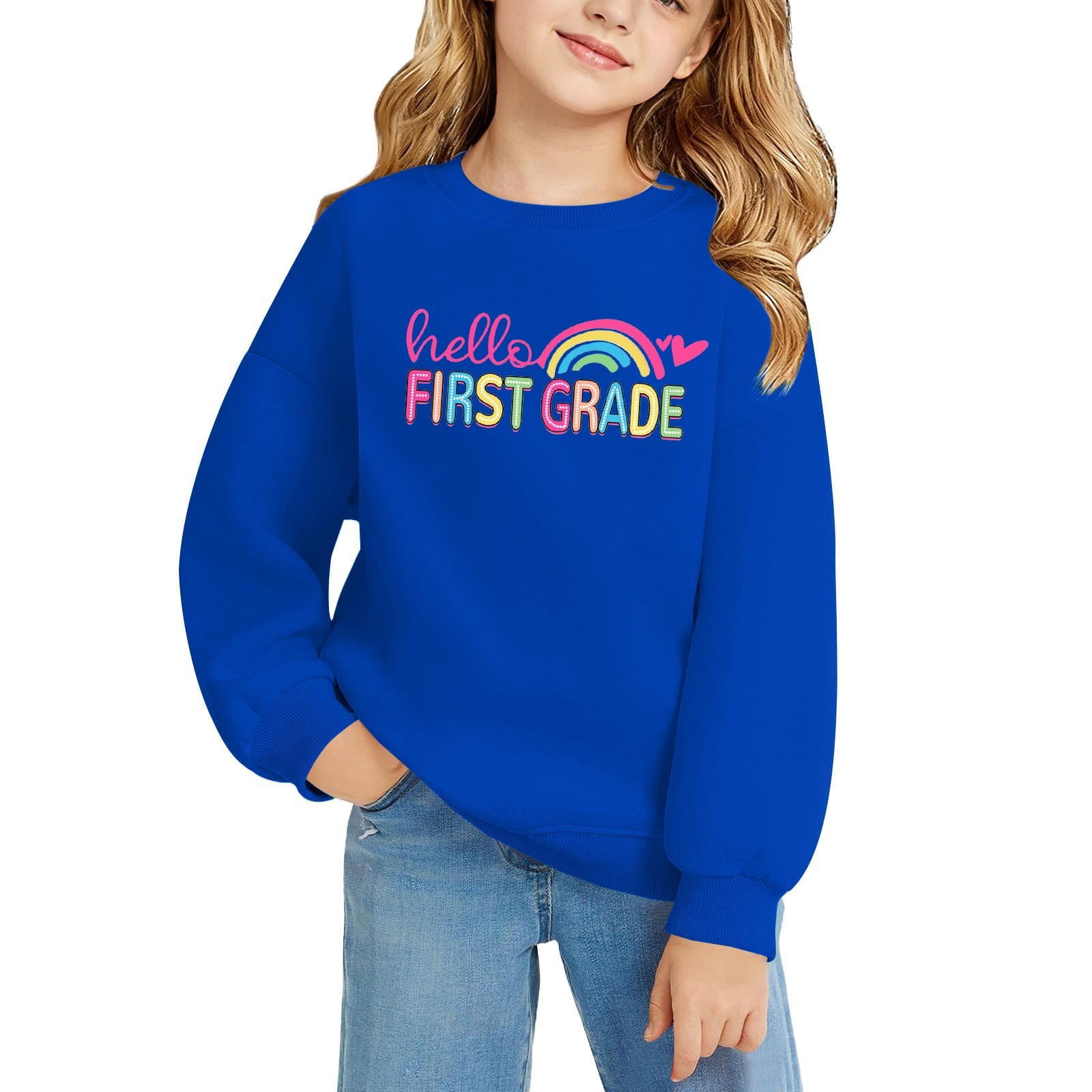 UACY Girls First Grade Crewneck Sweatshirt Rainbow Heart Graphic Long Sleeve Casual Pullover Top (Blue 13-14 Years)