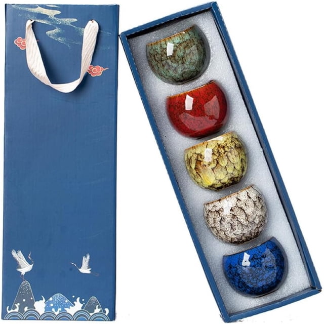Juego de 5 Tazas de Té Chinas de Cerámica de 6 Oz con Colores Estilizados y Caja de Regalo Diseñada
