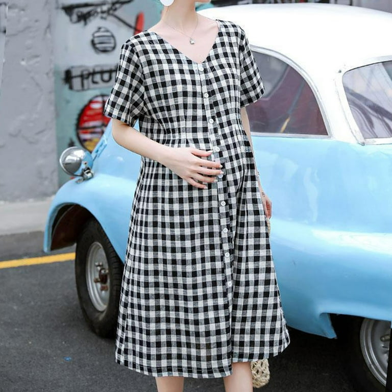 Kilaqueen Maternity Dress for Photoshoot Short Sleeve V Neck Button Down Loose Fit Pregnancy Dress Casual Babycon Plaid Dress Kilaqueen Maternity Dress for Photoshoot Short Sleeve V Neck Button Down Loose Fit Pregnancy Dress Casual Babycon Plaid Dress