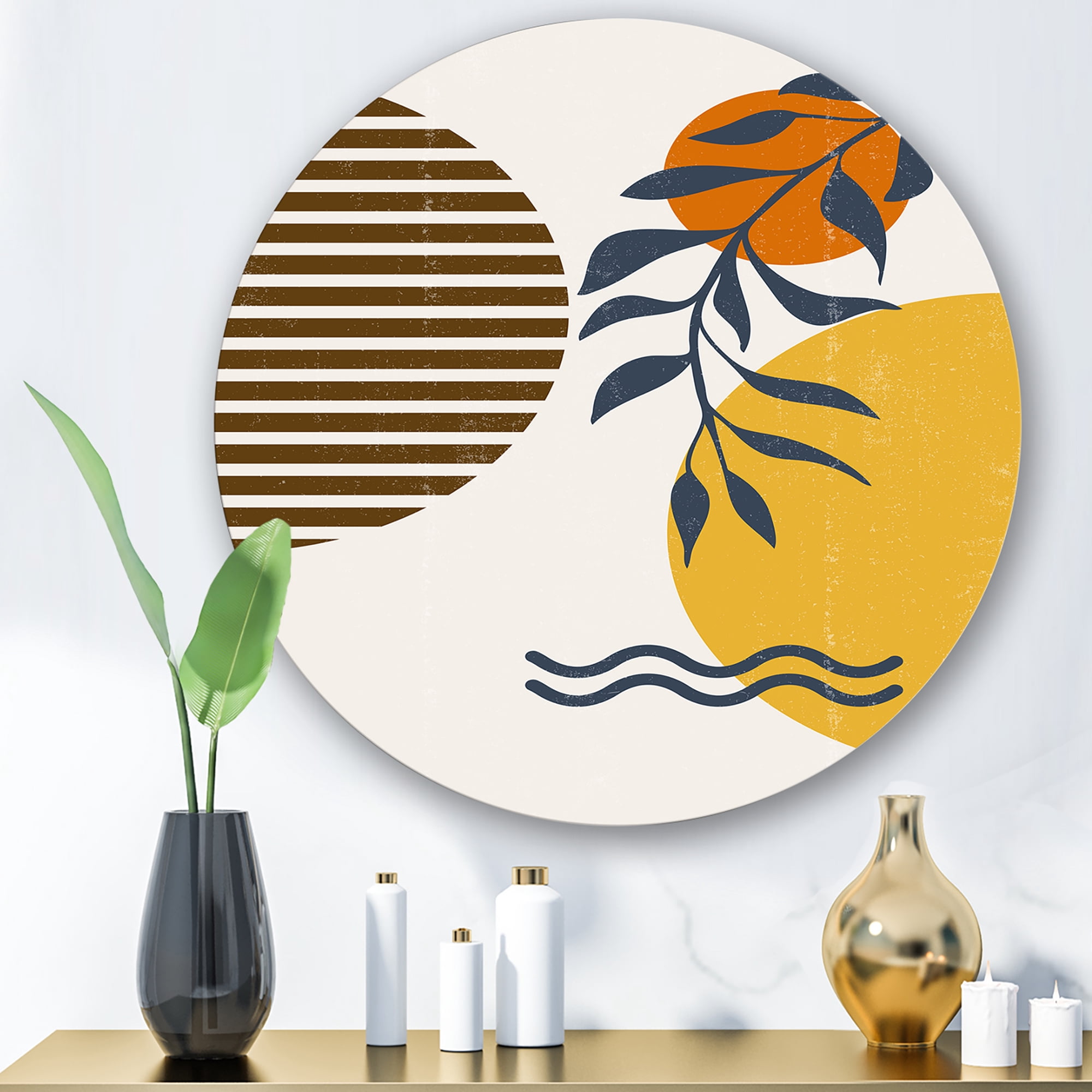 Designart 'Abstract Shapes With Botanical Minimalist Leaf I' Modern Circle Metal Wall Art 23x23 - Disc of 23