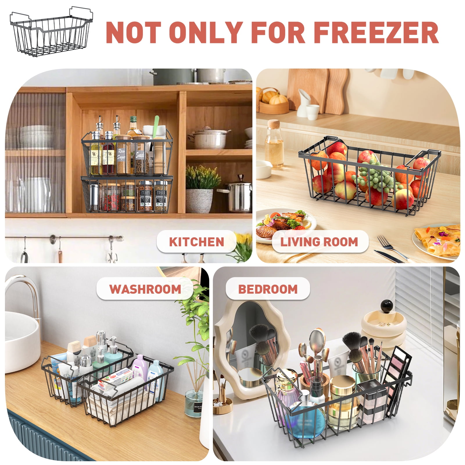 SUNALLY Freezer Organizer Bins 4 Pack, Stackable Freezer Baskets with Foldable Handle for 3.5-7 Cu.FT Deep Chest Freezer Organization, Coated Metal Storage Bins Black