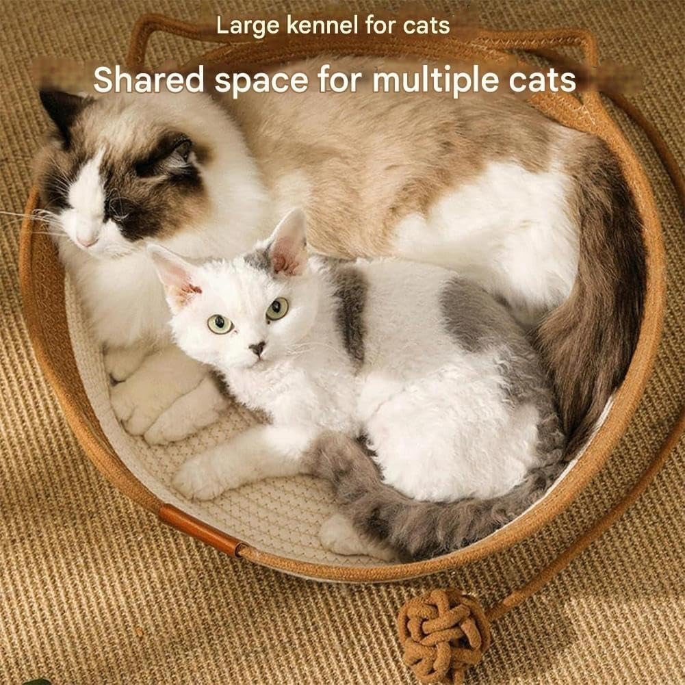 Handwoven Cat Basket,Foldable Scratchable Cat Bed Rope Cotton,Breathable Durable Natural Rattan Woven Pet Sleeping House with Teasing Ball & Cushion for Small & Large Cat & Dog