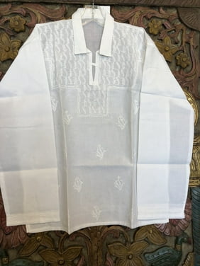 Mogul Women Bohemian Pure Cotton Hand Embroidered White Tunic Blouse Ethnic Style Summer Fashion Kurti Dress L