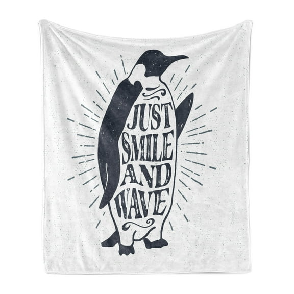 Saying Soft Flannel Fleece Blanket, Penguin Waving His Flipper and Just Smile and Wave Text in the Belly, Cozy Plush for Indoor and Outdoor Use, 60" x 80", Dark Blue Grey and White, by Ambesonne
